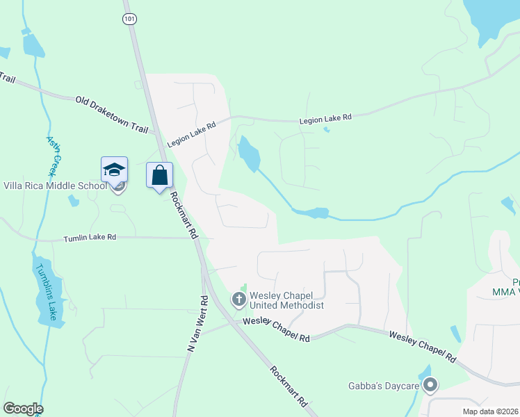 map of restaurants, bars, coffee shops, grocery stores, and more near 220 Hunter's Way in Villa Rica