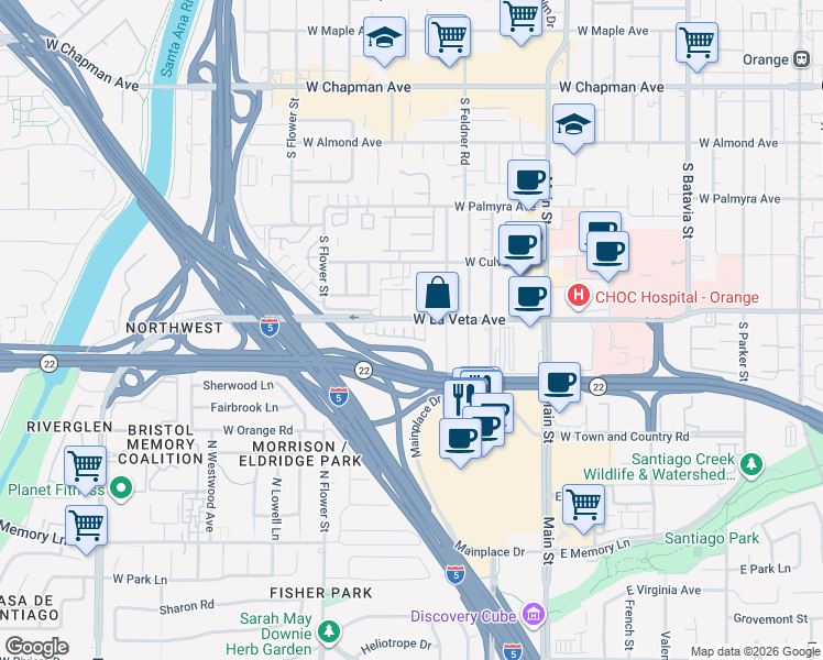 map of restaurants, bars, coffee shops, grocery stores, and more near 1840 West La Veta Avenue in Orange