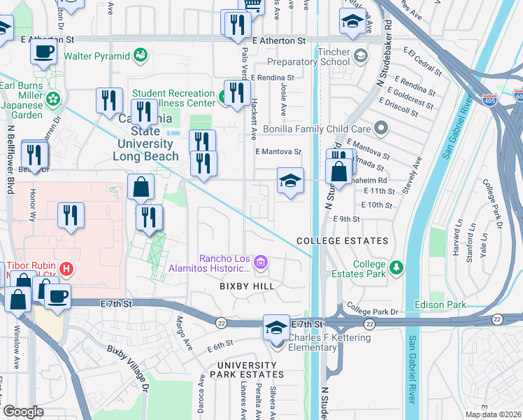 map of restaurants, bars, coffee shops, grocery stores, and more near 970 Palo Verde Avenue in Long Beach