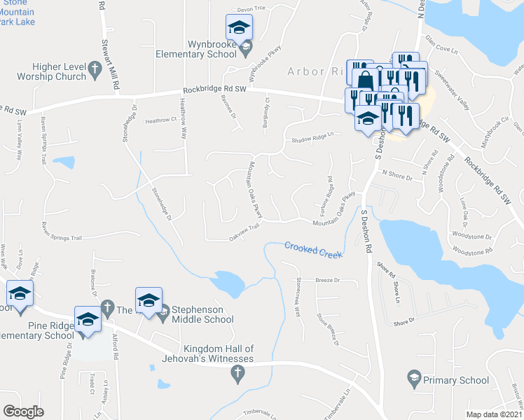 map of restaurants, bars, coffee shops, grocery stores, and more near 678 Mountain Oaks Parkway in Stone Mountain