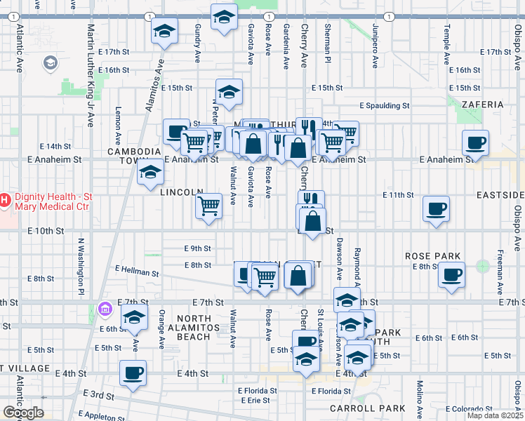 map of restaurants, bars, coffee shops, grocery stores, and more near 1054 Minerva Park in Long Beach