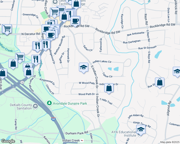 map of restaurants, bars, coffee shops, grocery stores, and more near 651 South Indian Creek Drive in Stone Mountain