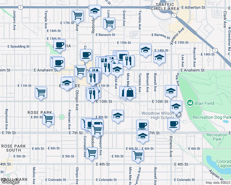 map of restaurants, bars, coffee shops, grocery stores, and more near 1053 Euclid Avenue in Long Beach