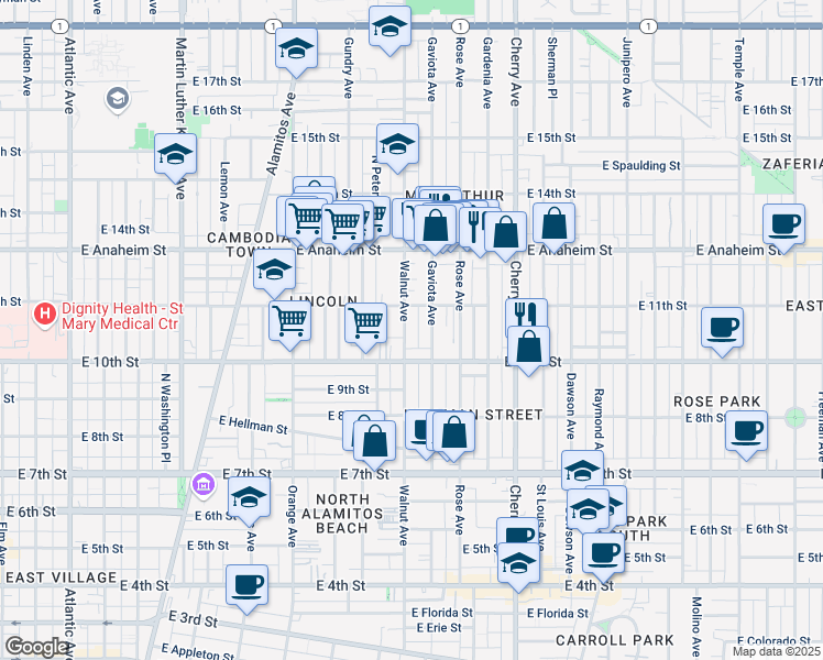 map of restaurants, bars, coffee shops, grocery stores, and more near 1056 Walnut Avenue in Long Beach