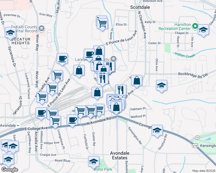 map of restaurants, bars, coffee shops, grocery stores, and more near 178 Laredo Drive in Decatur