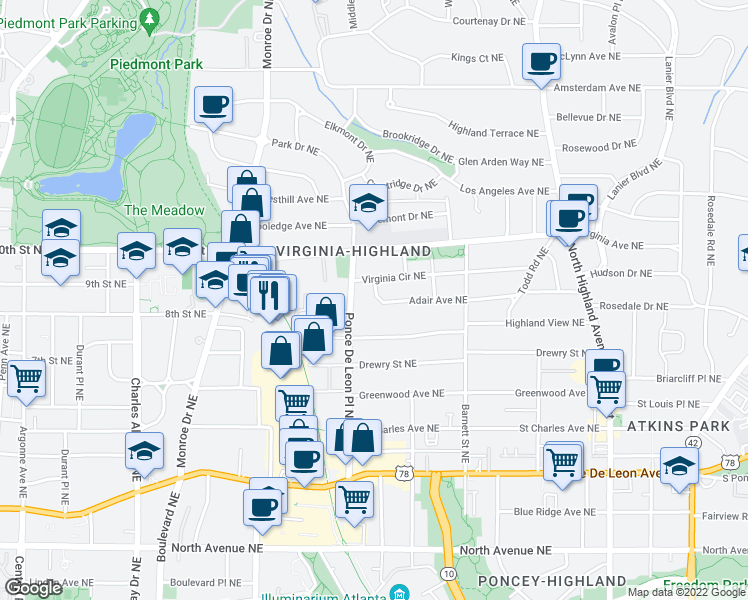 map of restaurants, bars, coffee shops, grocery stores, and more near 759 Adair Avenue Northeast in Atlanta