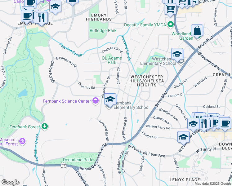 map of restaurants, bars, coffee shops, grocery stores, and more near 1836 Dyson Drive in Decatur