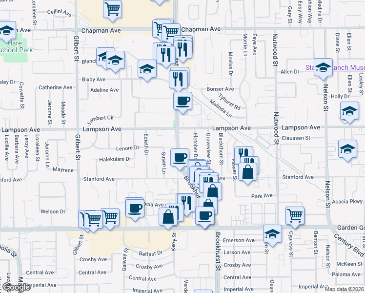 map of restaurants, bars, coffee shops, grocery stores, and more near 12600 Brookhurst Street in Garden Grove