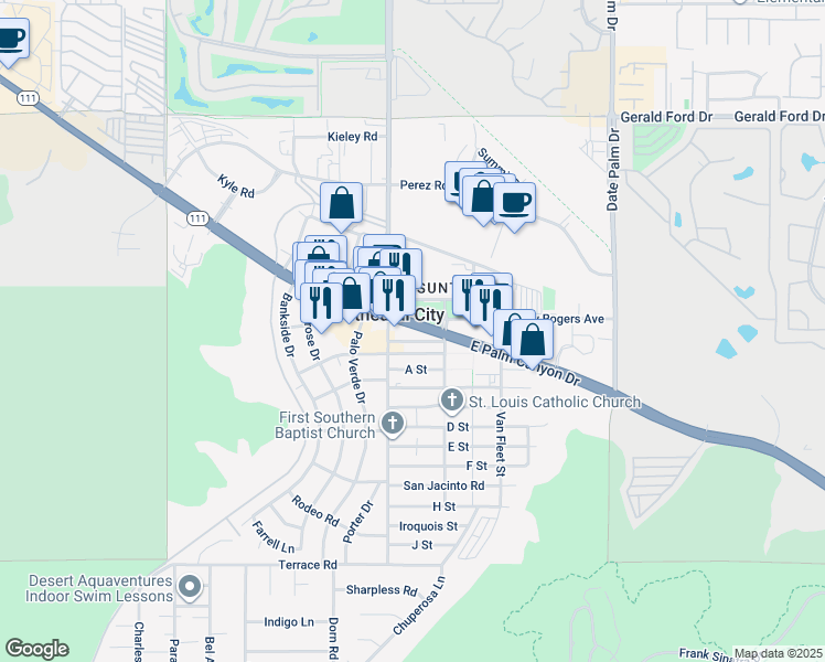 map of restaurants, bars, coffee shops, grocery stores, and more near 68555 East Palm Canyon Drive in Cathedral City