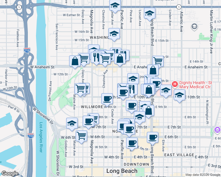 map of restaurants, bars, coffee shops, grocery stores, and more near 1053 Cedar Avenue in Long Beach