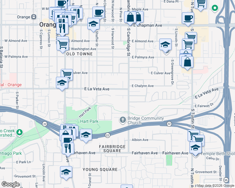 map of restaurants, bars, coffee shops, grocery stores, and more near 735 East Tularosa Avenue in Orange