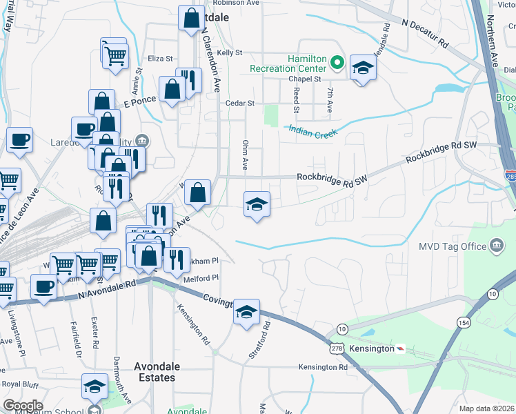 map of restaurants, bars, coffee shops, grocery stores, and more near 3152 Old Rockbridge Road in Avondale Estates