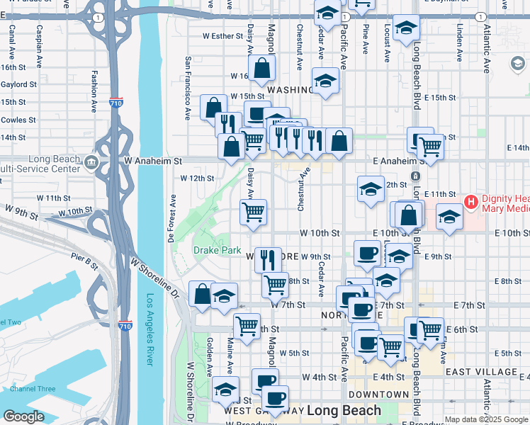 map of restaurants, bars, coffee shops, grocery stores, and more near 514 West 11th Street in Long Beach