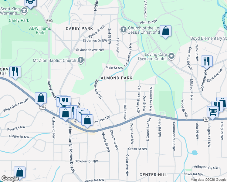 map of restaurants, bars, coffee shops, grocery stores, and more near 914 Capitol View Avenue Northwest in Atlanta