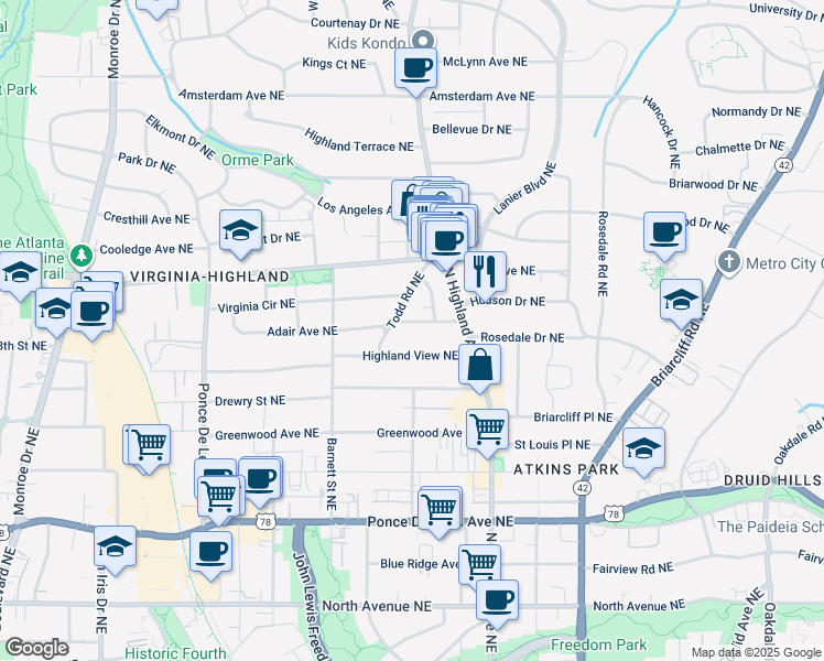 map of restaurants, bars, coffee shops, grocery stores, and more near 975 Adair Avenue Northeast in Atlanta