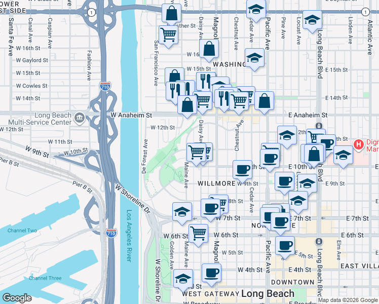 map of restaurants, bars, coffee shops, grocery stores, and more near 1054 Maine Avenue in Long Beach