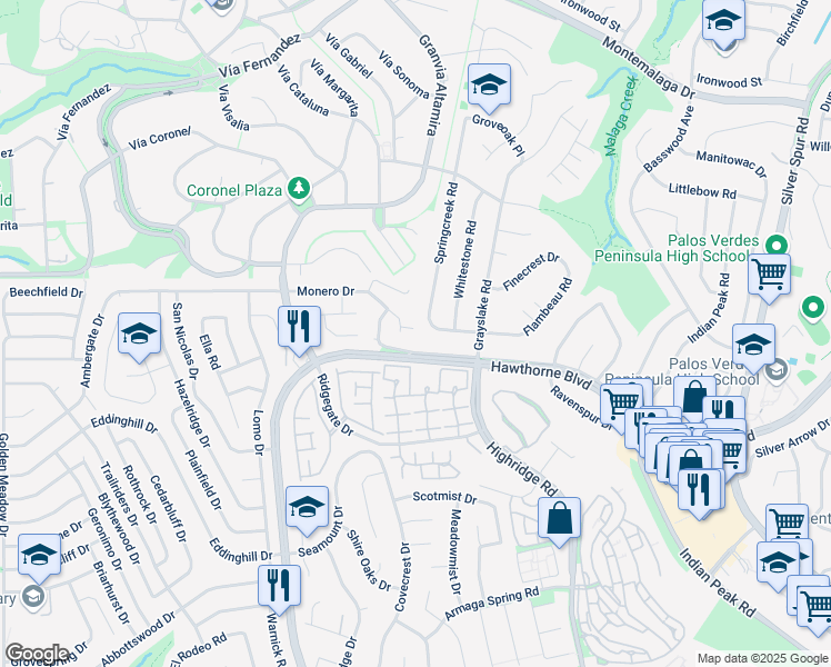 map of restaurants, bars, coffee shops, grocery stores, and more near 6111 Monero Drive in Rancho Palos Verdes