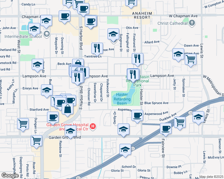 map of restaurants, bars, coffee shops, grocery stores, and more near 12742 Heather Avenue in Garden Grove