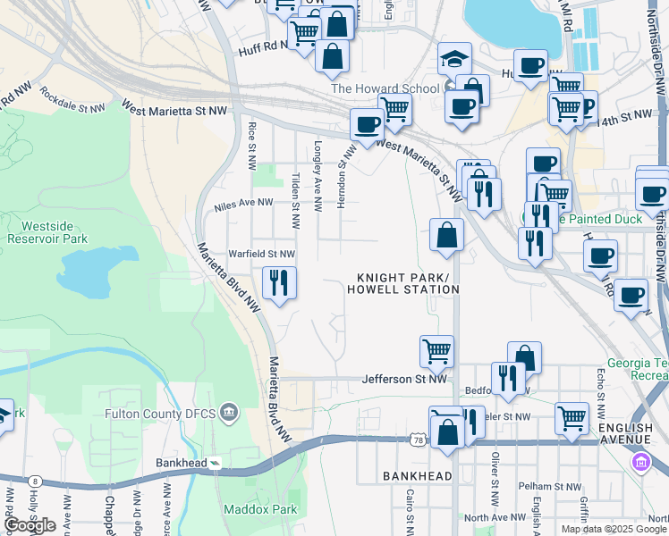 map of restaurants, bars, coffee shops, grocery stores, and more near 920 Herndon Street Northwest in Atlanta