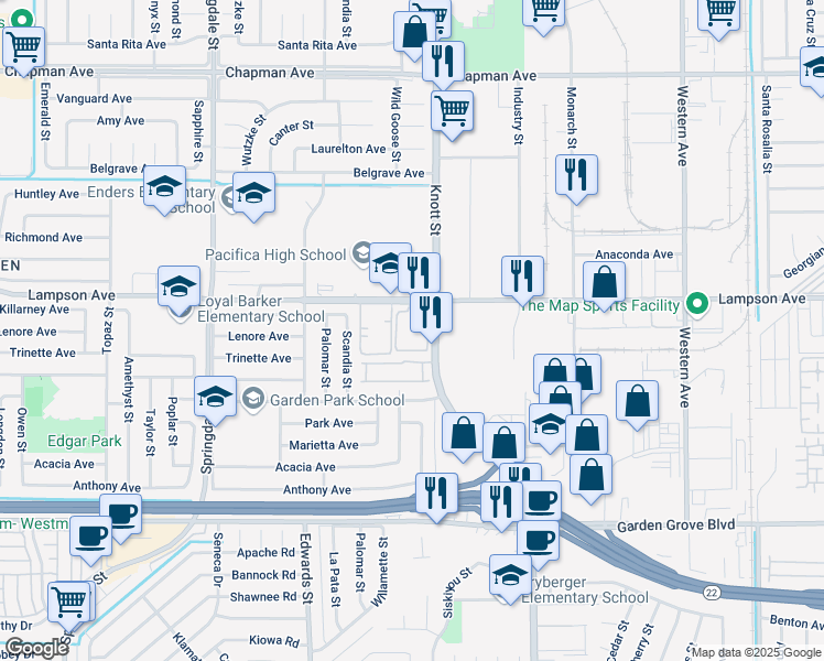 map of restaurants, bars, coffee shops, grocery stores, and more near 6925 Brightwood Lane in Garden Grove