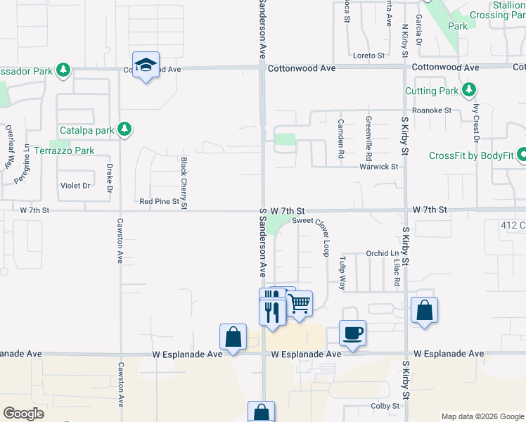 map of restaurants, bars, coffee shops, grocery stores, and more near South Sanderson Avenue in San Jacinto
