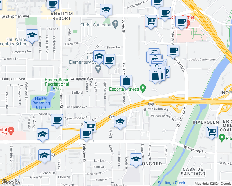 map of restaurants, bars, coffee shops, grocery stores, and more near 13422 Heather Circle in Garden Grove