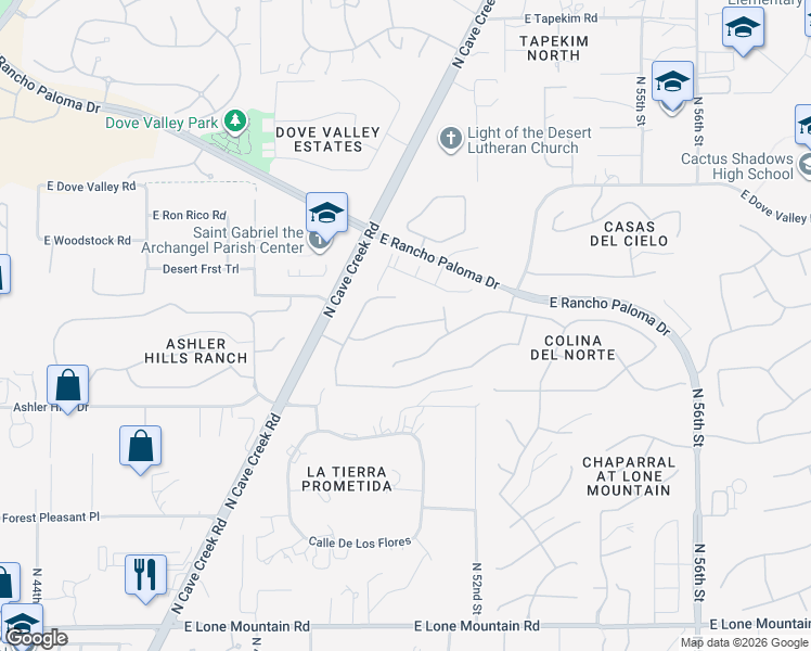 map of restaurants, bars, coffee shops, grocery stores, and more near 5061 East Sleepy Ranch Road in Cave Creek