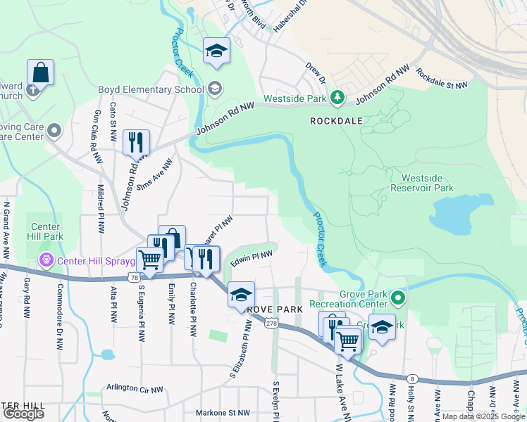 map of restaurants, bars, coffee shops, grocery stores, and more near 914 Edwin Street Northwest in Atlanta