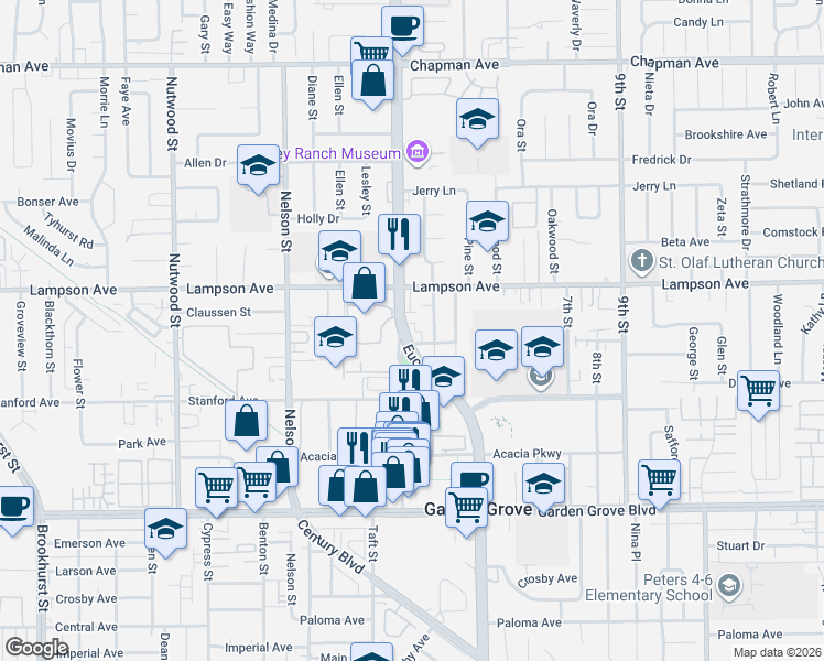 map of restaurants, bars, coffee shops, grocery stores, and more near 12600 Euclid Street in Garden Grove