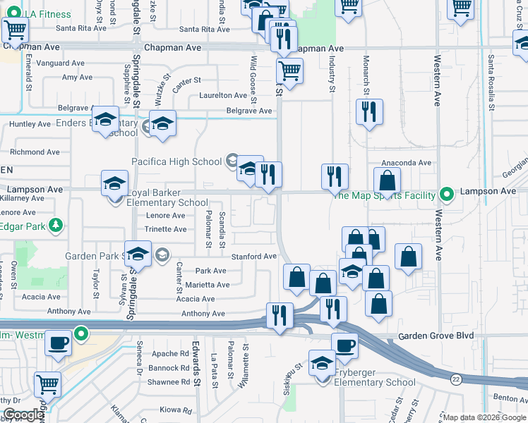 map of restaurants, bars, coffee shops, grocery stores, and more near 12572 Fieldstone Lane in Garden Grove