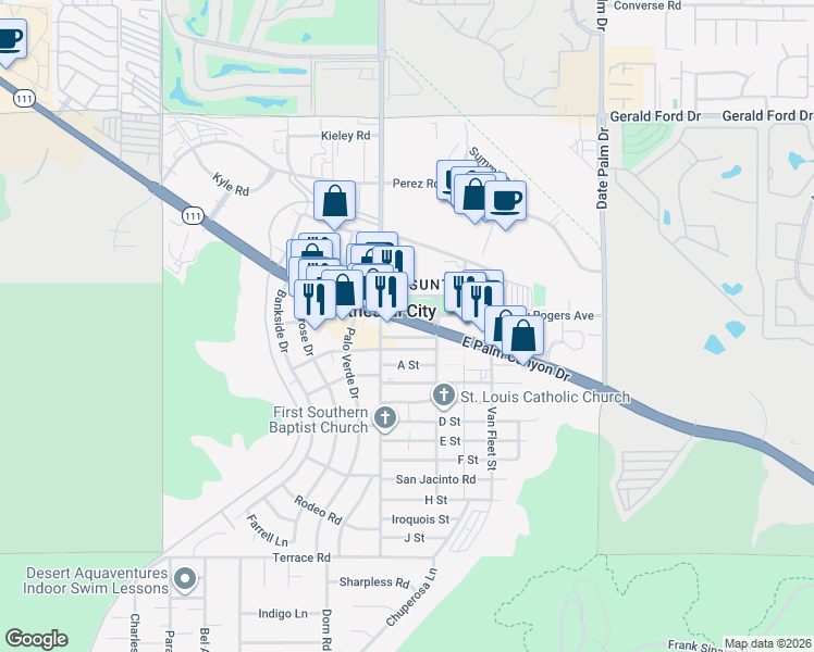 map of restaurants, bars, coffee shops, grocery stores, and more near 68555 East Palm Canyon Drive in Cathedral City