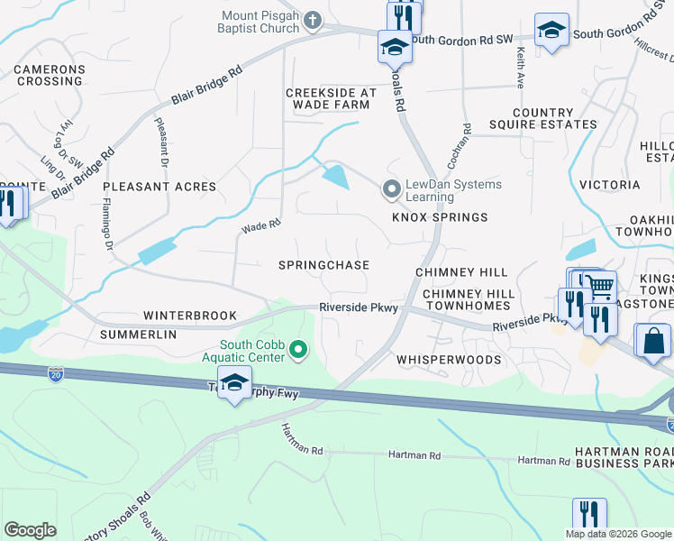 map of restaurants, bars, coffee shops, grocery stores, and more near 7163 Springchase Way in Austell