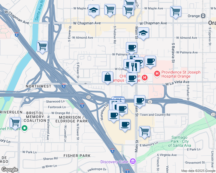 map of restaurants, bars, coffee shops, grocery stores, and more near 1740 West La Veta Avenue in Orange