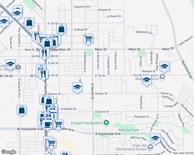 map of restaurants, bars, coffee shops, grocery stores, and more near 611 Carmen Drive in San Jacinto