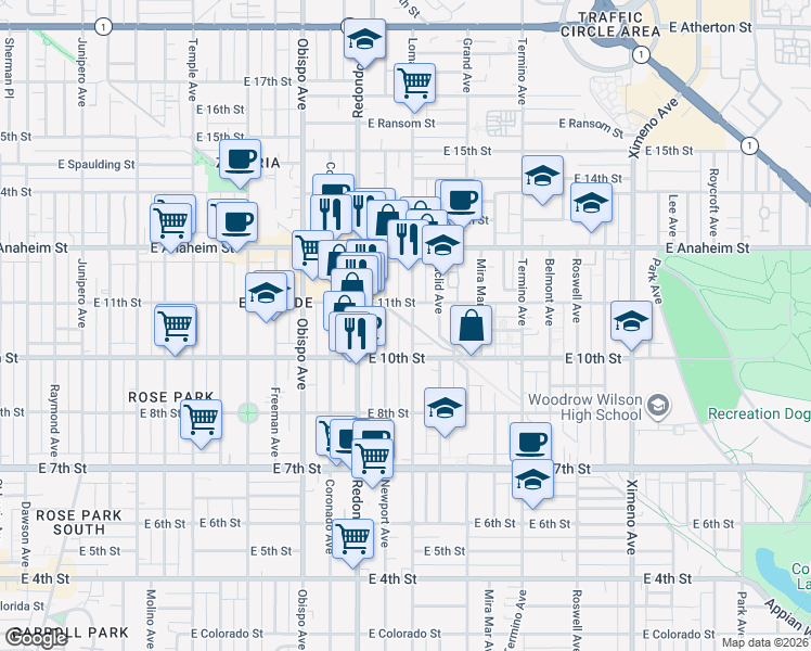 map of restaurants, bars, coffee shops, grocery stores, and more near in Long Beach