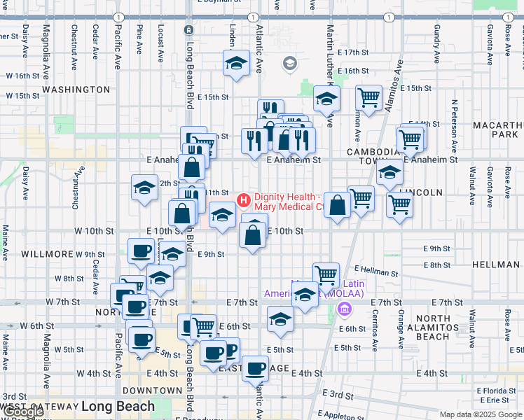 map of restaurants, bars, coffee shops, grocery stores, and more near 1062 Atlantic Avenue in Long Beach