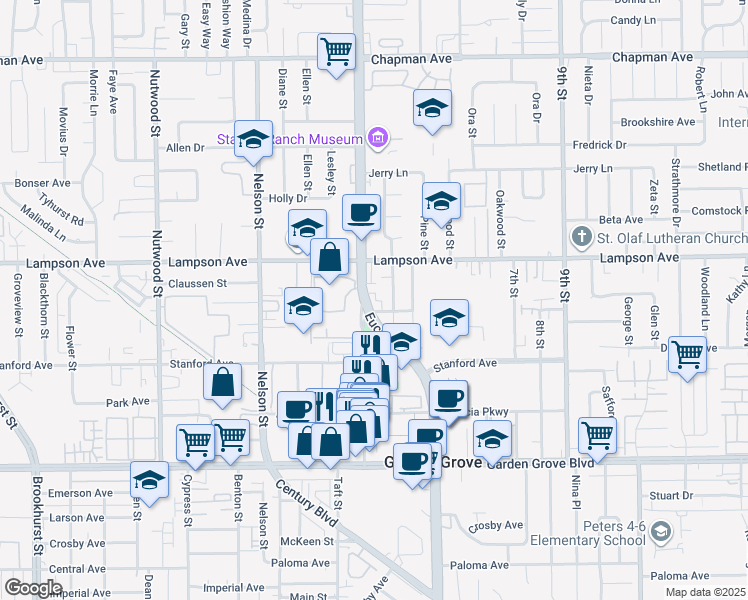 map of restaurants, bars, coffee shops, grocery stores, and more near 12600 South Euclid Street in Garden Grove