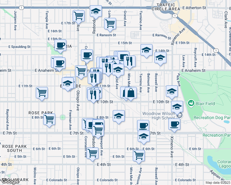 map of restaurants, bars, coffee shops, grocery stores, and more near 1057 Euclid Avenue in Long Beach