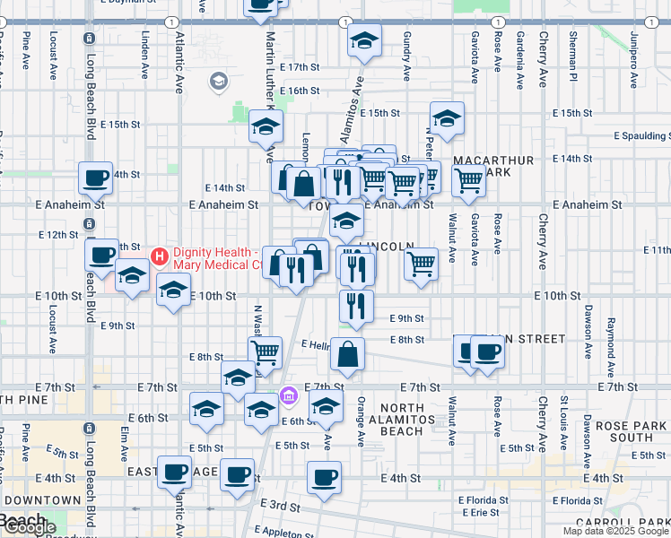 map of restaurants, bars, coffee shops, grocery stores, and more near 1053 Cerritos Avenue in Long Beach