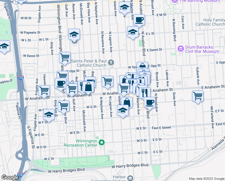 map of restaurants, bars, coffee shops, grocery stores, and more near 401 West Anaheim Street in Los Angeles