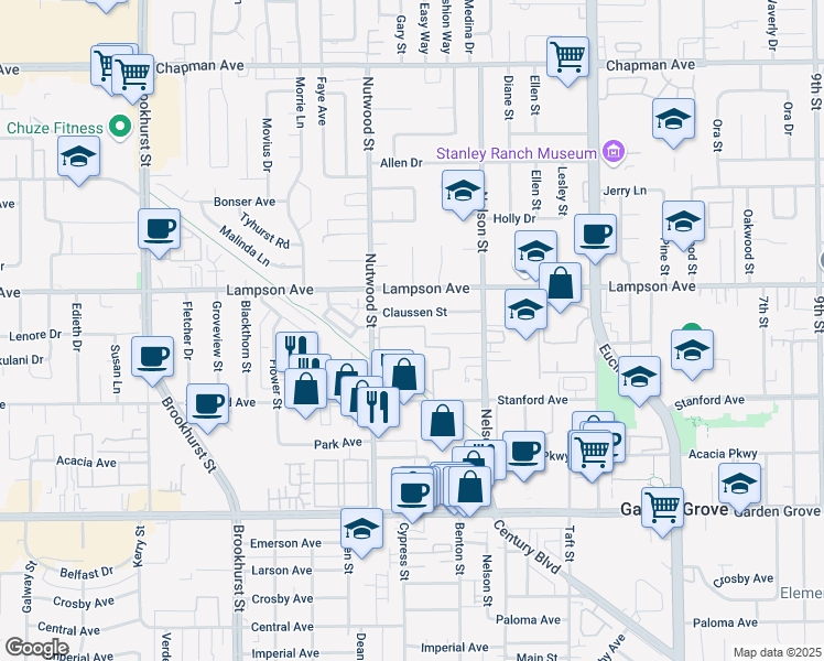 map of restaurants, bars, coffee shops, grocery stores, and more near 10560 Lakeside Drive North in Garden Grove