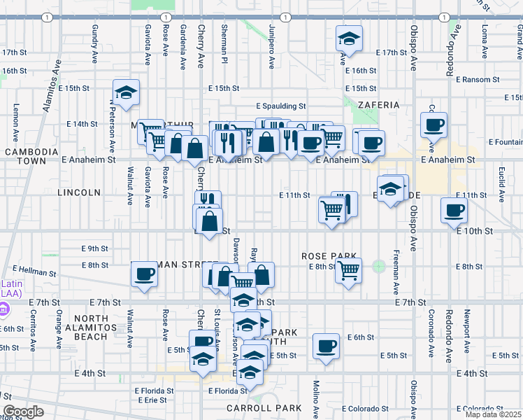 map of restaurants, bars, coffee shops, grocery stores, and more near 2315 East Vera Court in Long Beach