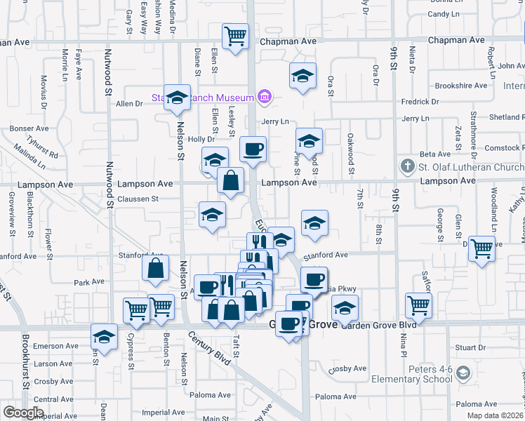 map of restaurants, bars, coffee shops, grocery stores, and more near 12600 Euclid Street in Garden Grove