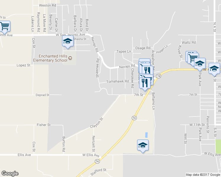 map of restaurants, bars, coffee shops, grocery stores, and more near 730 Paul Court in Perris