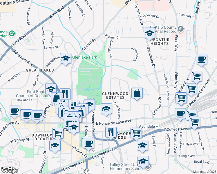 map of restaurants, bars, coffee shops, grocery stores, and more near 330 Glendale Avenue in Decatur