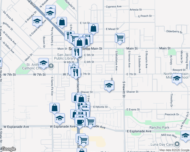 map of restaurants, bars, coffee shops, grocery stores, and more near 314 East 7th Street in San Jacinto