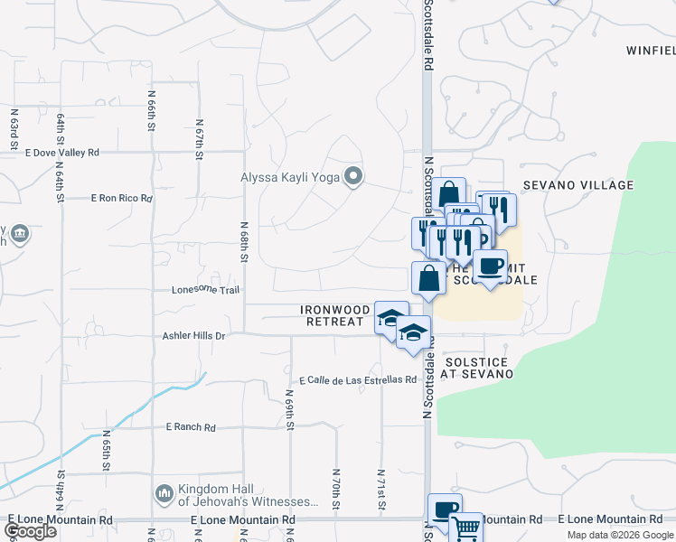 map of restaurants, bars, coffee shops, grocery stores, and more near 7007 East Thirsty Cactus Lane in Scottsdale