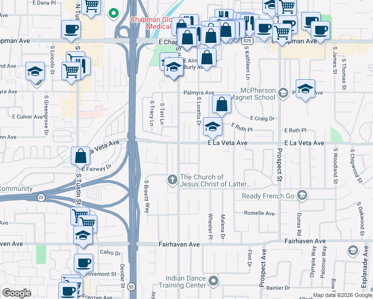 map of restaurants, bars, coffee shops, grocery stores, and more near 528 South Rosalind Drive in Orange