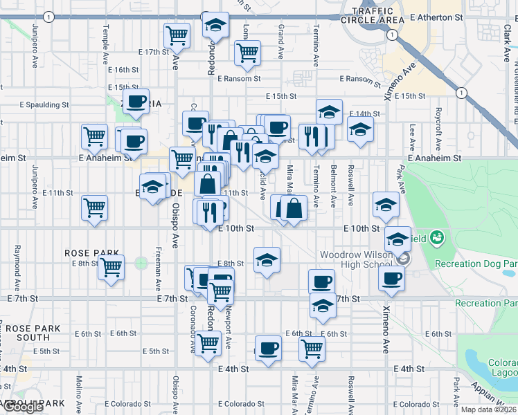 map of restaurants, bars, coffee shops, grocery stores, and more near 1057 Euclid Avenue in Long Beach