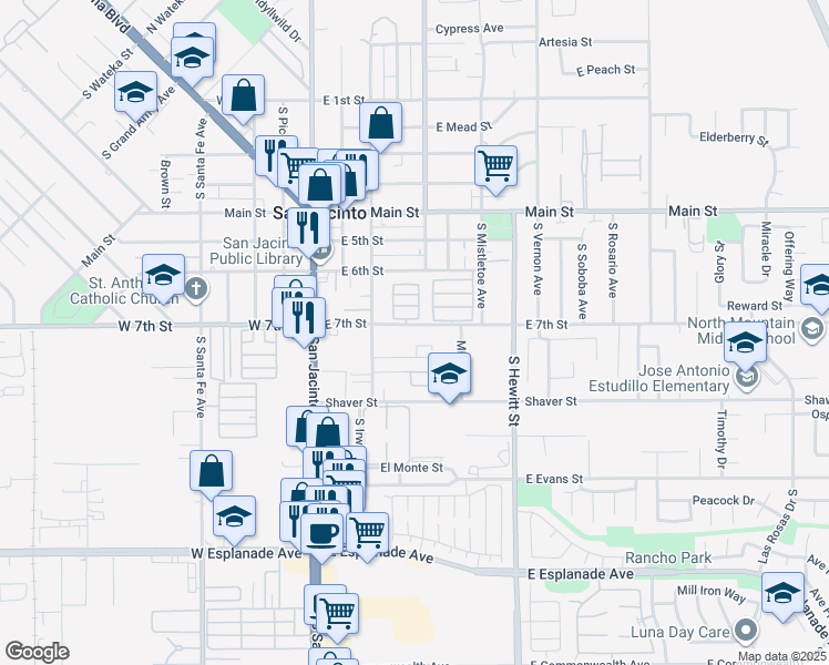 map of restaurants, bars, coffee shops, grocery stores, and more near 332 East 7th Street in San Jacinto